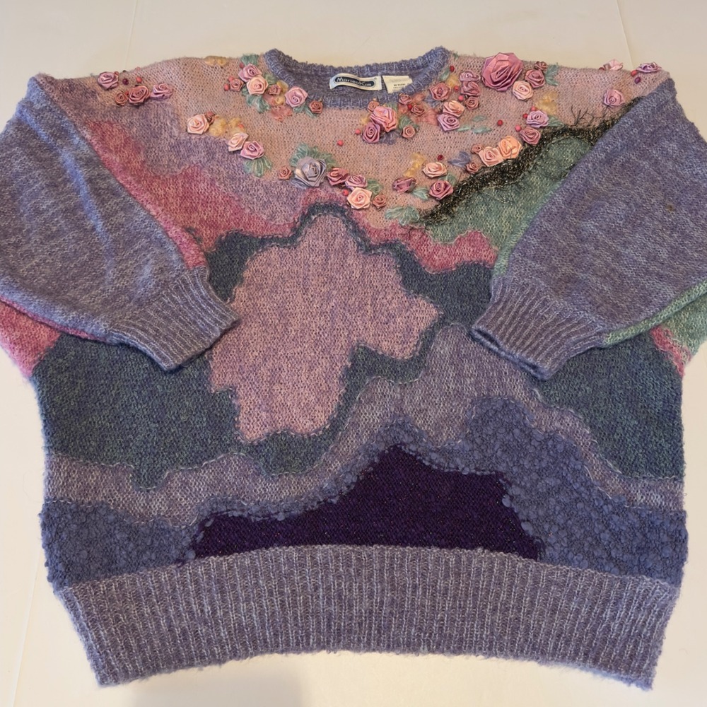 Mariea Kim Vintage 90s Embellished Sweater Purple Pink Floral Ribbon Rose L